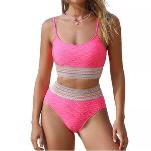Cupshe Pink Textured Geo-Stitch Scoop Bralette High Waist Bikini Swimsuit XS & S